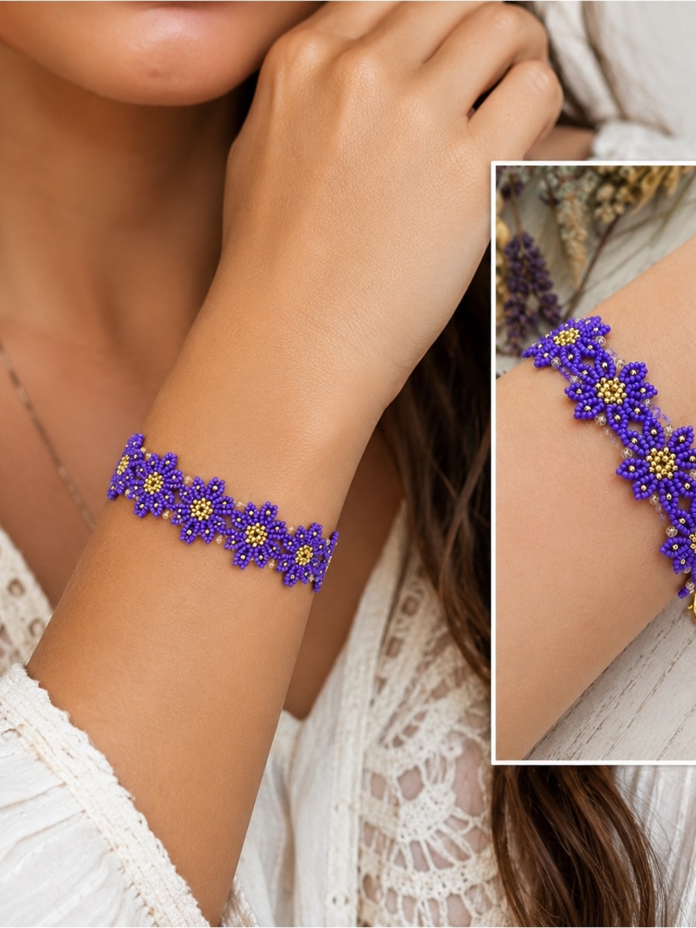 Hand Crafted Purple and Gold Beaded Flower Bracelet